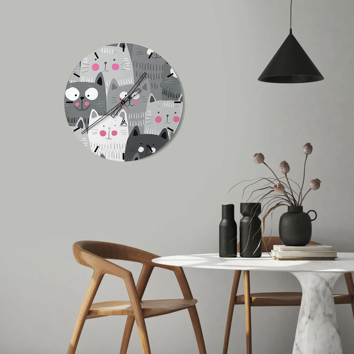 Ceas de perete - Ceas pe sticlă - Pisici gri și albe într-un stil ilustrativ - 30x30cm - Lumea felină - Decorațiune modernă pentru perete pentru living, bucătărie și dormitor ARTTOR