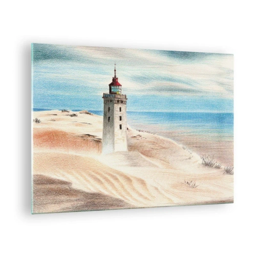 Tablou pe sticlă - Un far pe o dună deșertică lângă o mare calmă - 70x50cm - Privind mereu marea - Decorațiune modernă pentru perete pentru living și dormitor ARTTOR