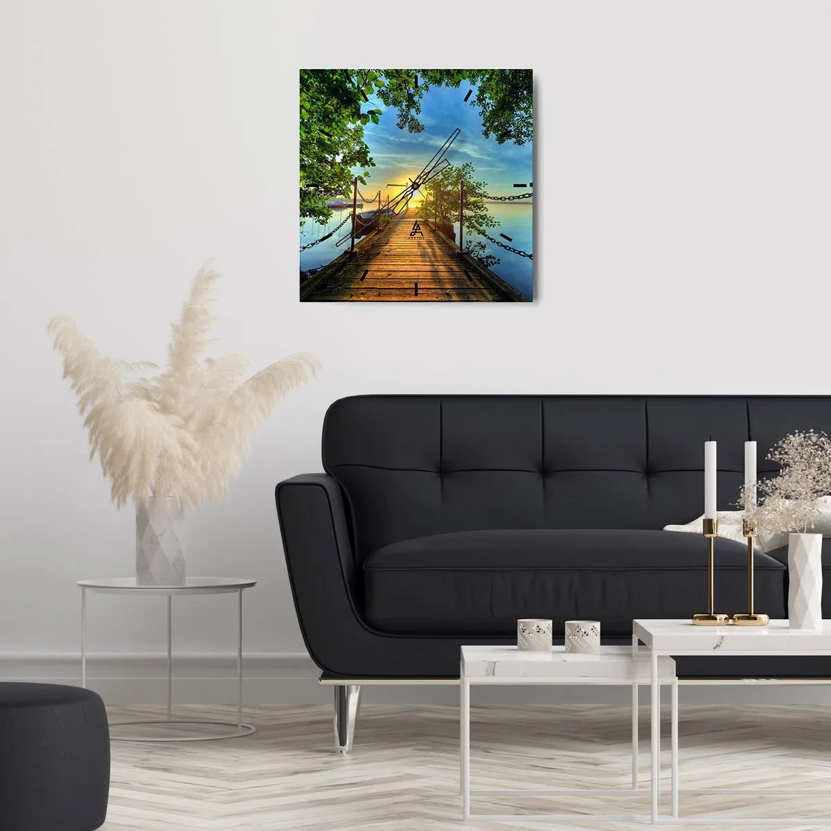 Ceas de perete - Ceas pe sticlă - Apusul la malul apei - 40x40 cm