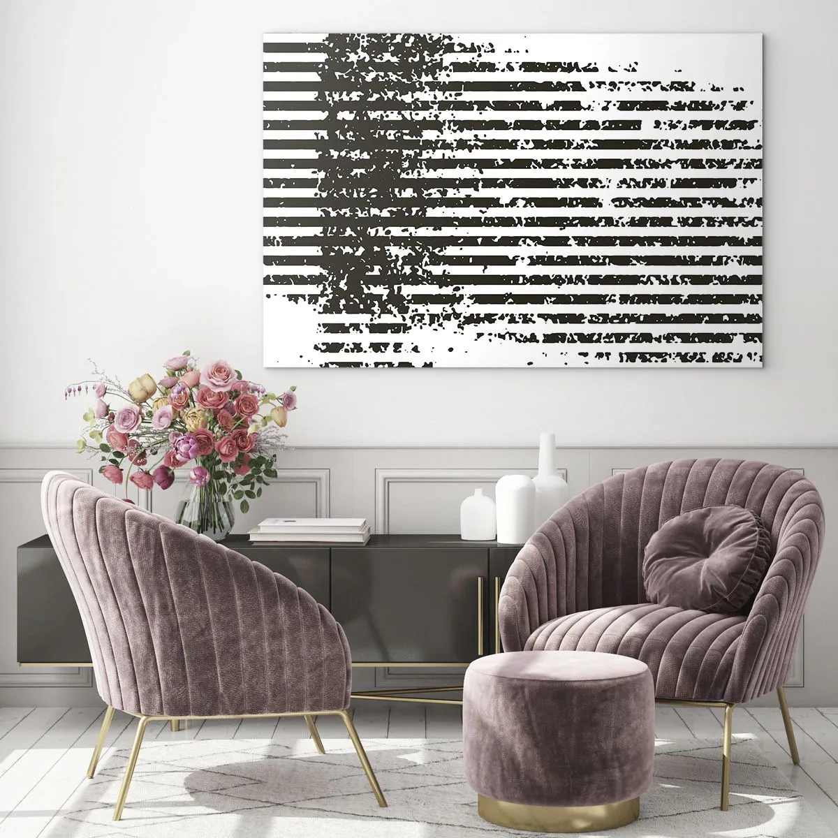 Tablou pe sticlă - Linii orizontale alb-negre cu efecte de zgomot și abraziune - 70x50cm - Ritm și zgomot - Decorațiune modernă pentru perete pentru living și dormitor ARTTOR