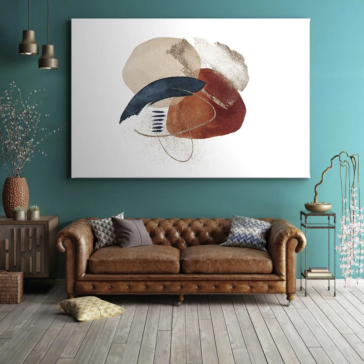 Tablou pe pânză Canvas - O compoziție abstractă cu pete în nuanțe pământii și bleumarin. - 70x50cm - Compoziție ovală - Decorațiune modernă pentru perete pentru living și dormitor ARTTOR