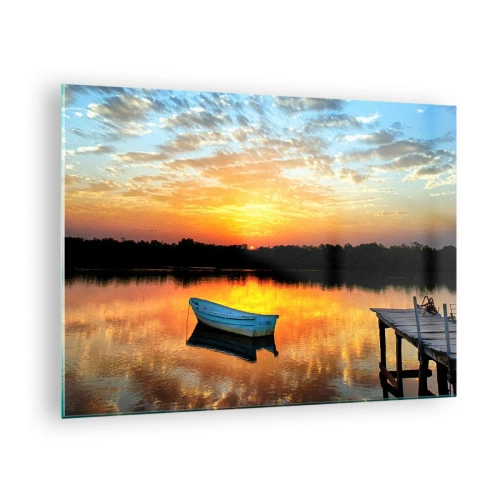 Tablou pe sticlă - O barcă pe un lac liniștit în razele soarelui care apune - 70x50cm - Privește, ascultă, meditează - Decorațiune modernă pentru perete pentru living și dormitor ARTTOR