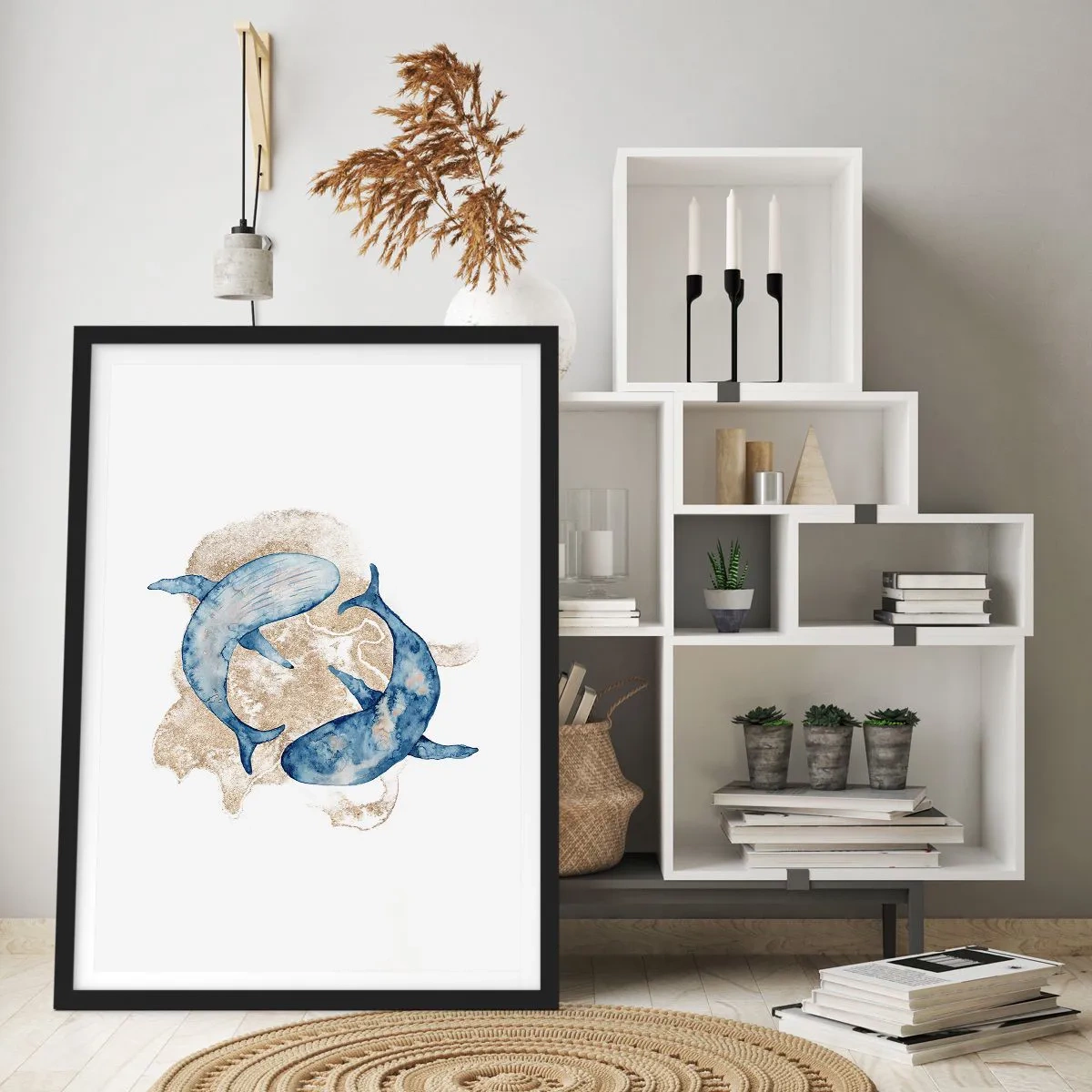 Poster în ramă neagră - O pictură abstractă a două balene cu aripioare - 50x70cm - Prietenie sau iubire? - Decorațiune modernă pentru perete pentru living și dormitor ARTTOR