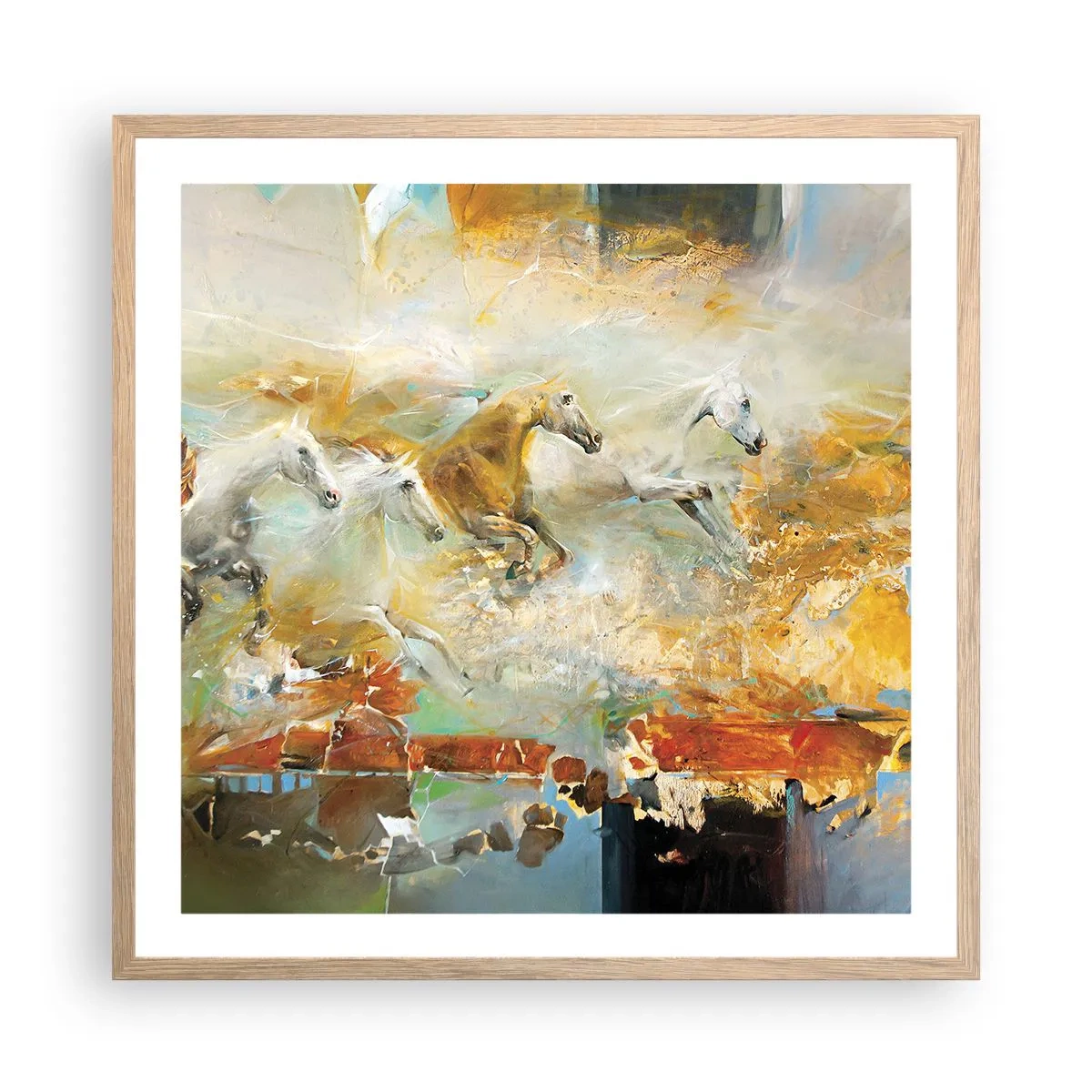 Poster în ramă de stejar deschis - Galopând prin lumină - 60x60 cm