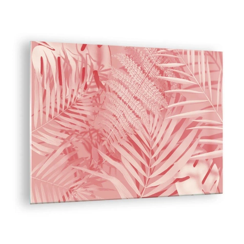 Tablou pe sticlă - Frunze tropicale roz într-o compoziție modernă - 70x50cm - Conceptul roz - Decorațiune modernă pentru perete pentru living și dormitor ARTTOR