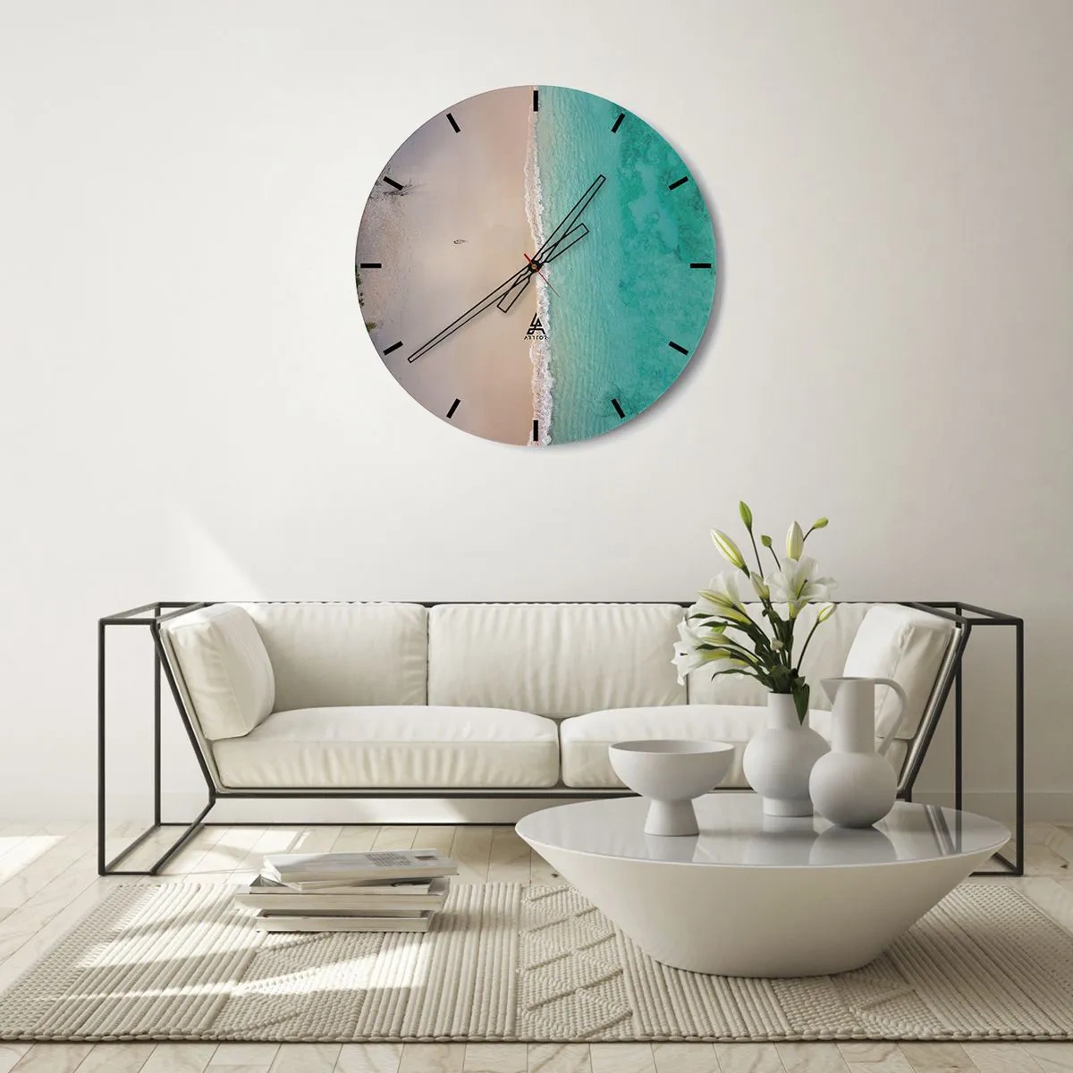 Ceas de perete - Ceas pe sticlă - Vedere aeriană a mării turcoaz și a plajei cu nisip - 30x30cm - Plaja din paradis - Decorațiune modernă pentru perete pentru living, bucătărie și dormitor ARTTOR