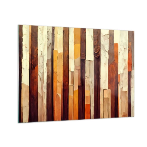 Tablou pe sticlă - O compoziție de dungi verticale în nuanțe de lemn și bej - 70x50cm - Imnul copacilor din pădure - Decorațiune modernă pentru perete pentru living și dormitor ARTTOR