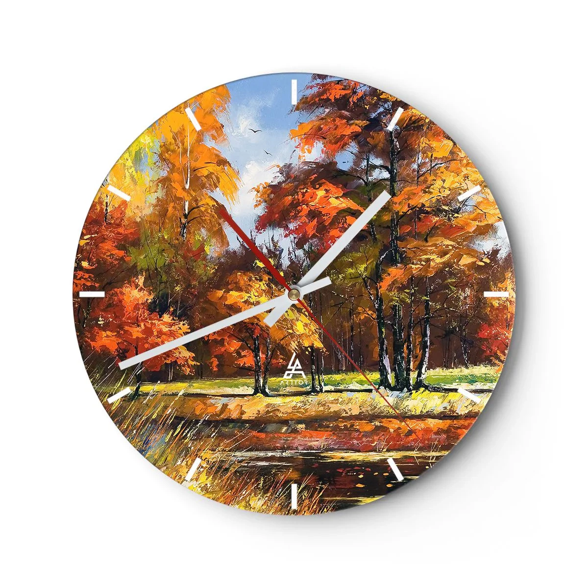 Ceas de perete - Ceas pe sticlă - Pădure de toamnă cu frunze colorate și lumină caldă pe fundalul unui peisaj liniștit - 30x30cm - Peisaj în aur și bronz - Decorațiune modernă pentru perete pentru living, bucătărie și dormitor ARTTOR