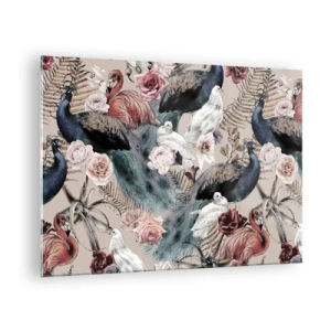 Tablou pe sticlă - Păuni și flamingo înconjurați de trandafiri și ferigi - 70x50cm - În grădina palatului - Decorațiune modernă pentru perete pentru living și dormitor ARTTOR