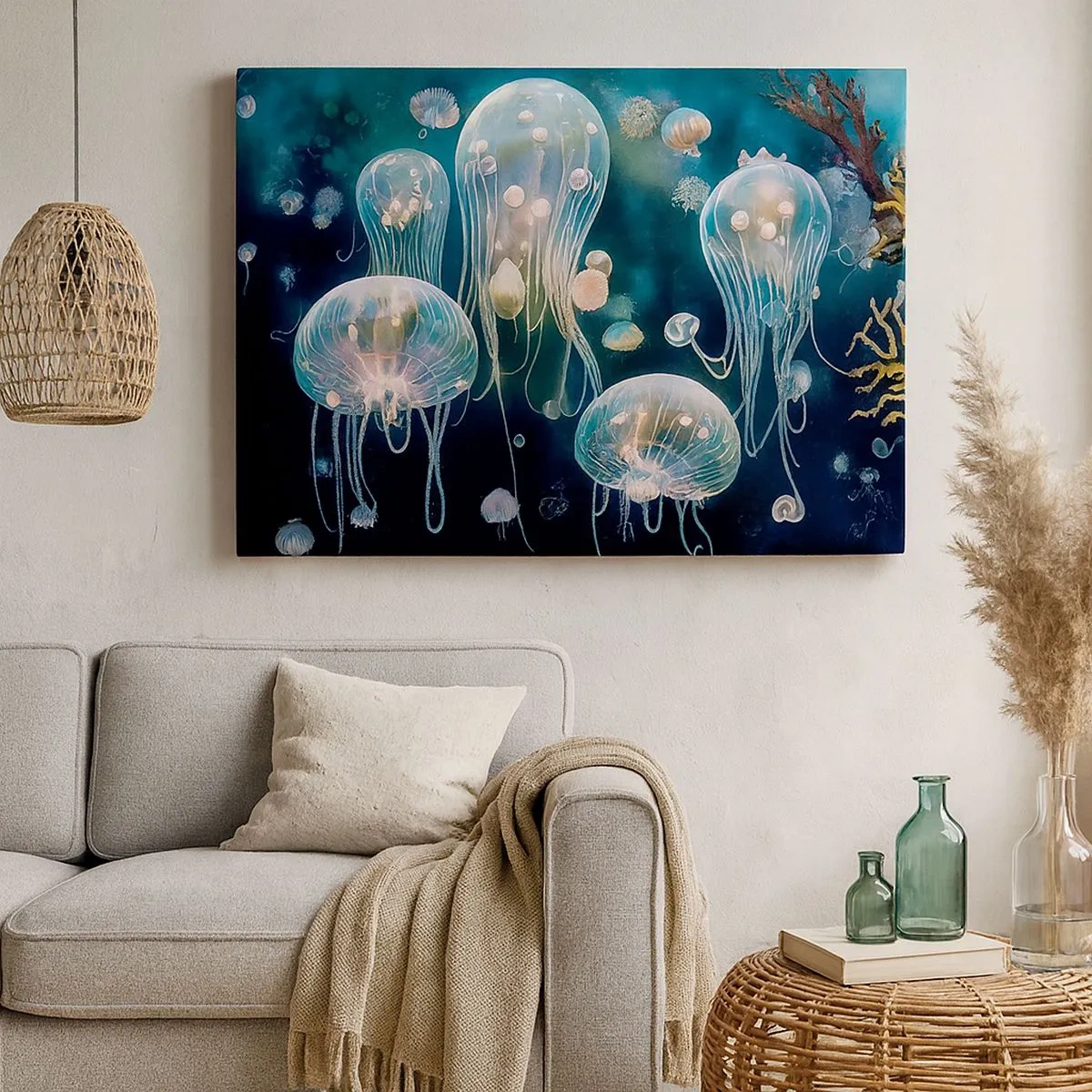 Tablou pe pânză Canvas - Meduze delicate în lumea subacvatică - 70x50cm - Balul subacvatic - Decorațiune modernă pentru perete pentru living și dormitor ARTTOR