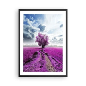 Poster în ramă neagră - Un copac într-un câmp în nuanțe de violet - 50x70cm - Câmpul cu iarbă neagră - Decorațiune modernă pentru perete pentru living și dormitor ARTTOR