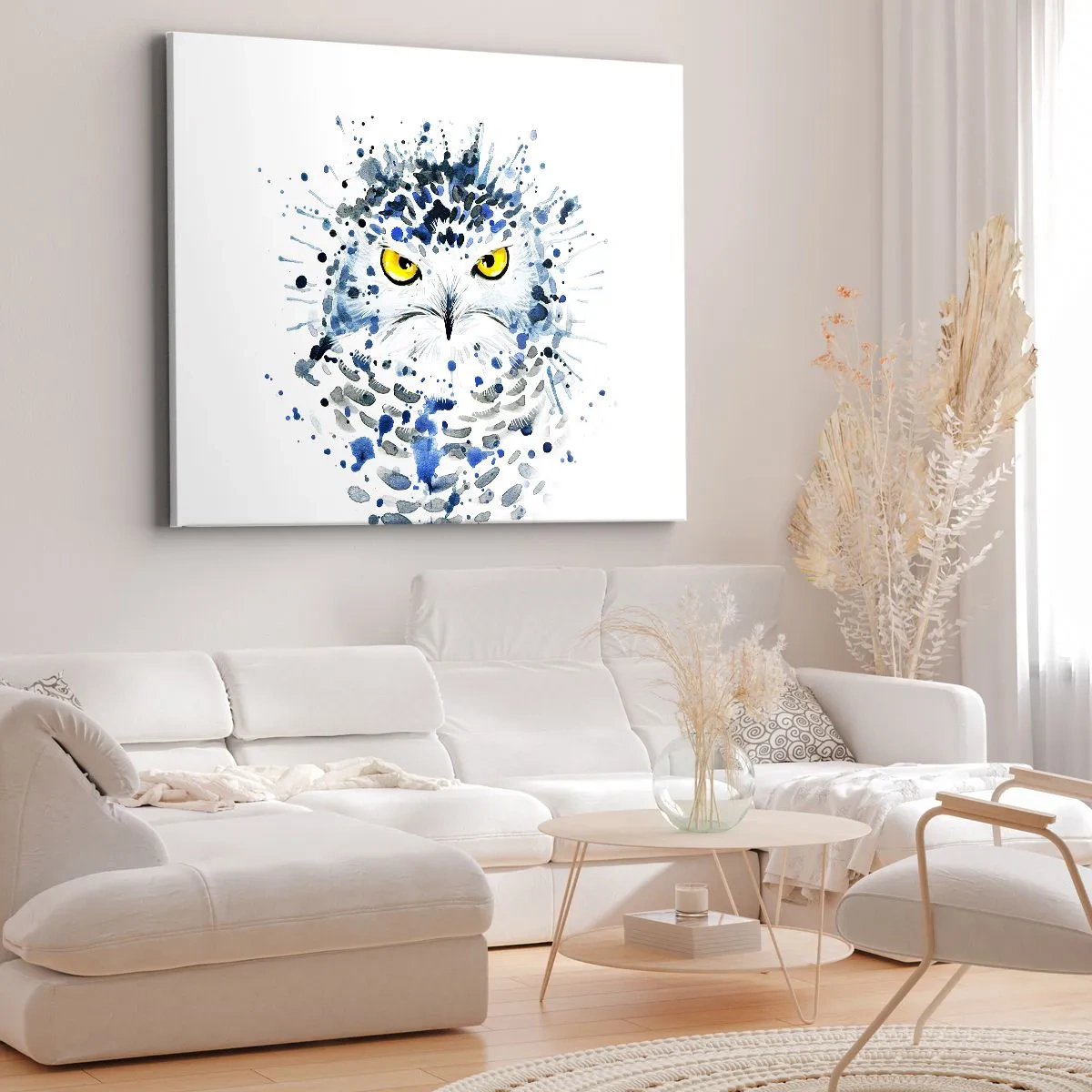 Tablou pe pânză Canvas - Portret abstract al unei bufnițe în culori albastru și galben - 70x50cm - Direct în ochi - Decorațiune modernă pentru perete pentru living și dormitor ARTTOR