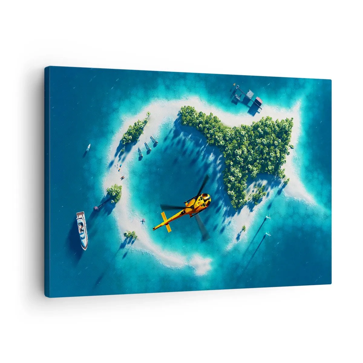 Tablou pe pânză Canvas - O insulă tropicală înconjurată de ape turcoaz, cu un elicopter la vedere - 70x50cm - Cumpără-ți o insulă - Decorațiune modernă pentru perete pentru living și dormitor ARTTOR