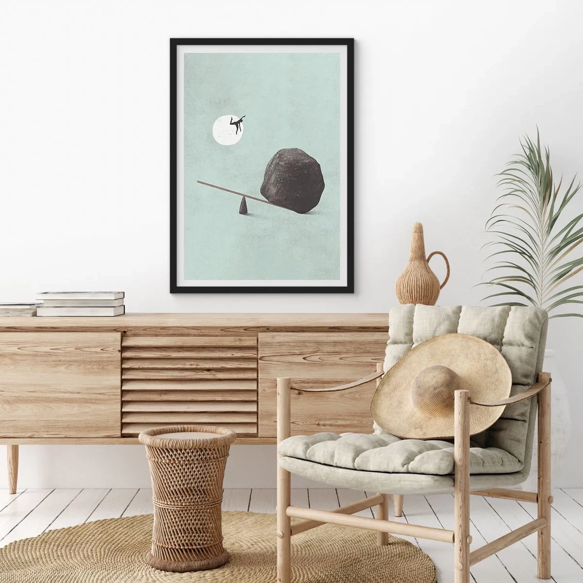 Poster în ramă neagră - O cântar minimalist cu o piatră și o figură pe fundalul lunii - 50x70cm - Visul îndeplinit - Decorațiune modernă pentru perete pentru living și dormitor ARTTOR