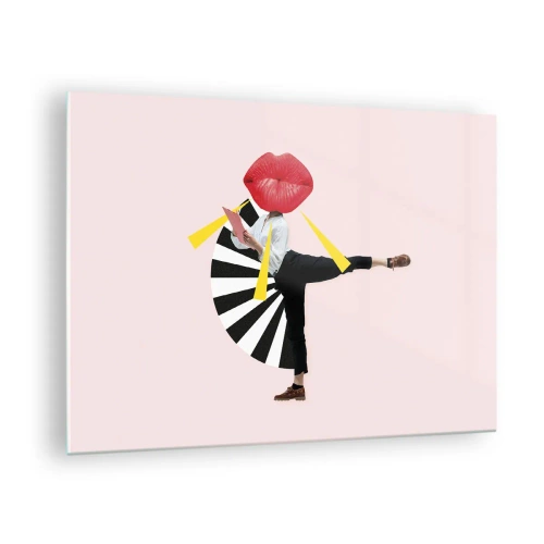 Tablou pe sticlă - O compoziție suprarealistă în stil pop art care prezintă un personaj cu o gură mare pe un fundal roz. - 70x50cm - Artă pop suprarealistă - Decorațiune modernă pentru perete pentru living și dormitor ARTTOR