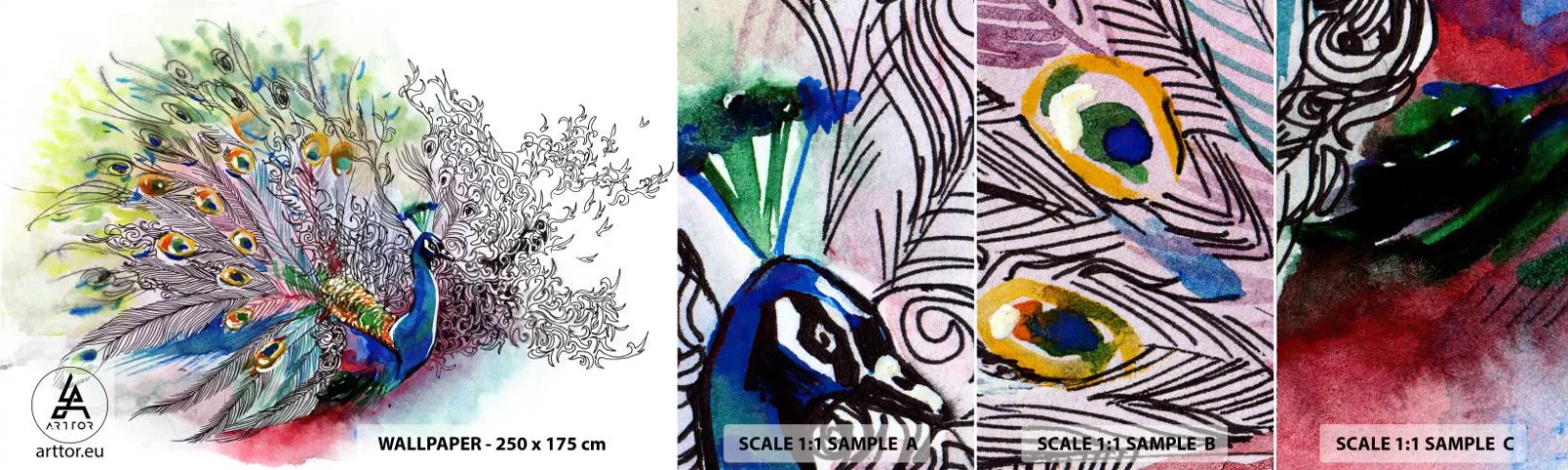 Mostră de Tapet Standard Eco - Cu mândrie împotriva griului  - Pasăre, Păun, pene - 100x30 cm