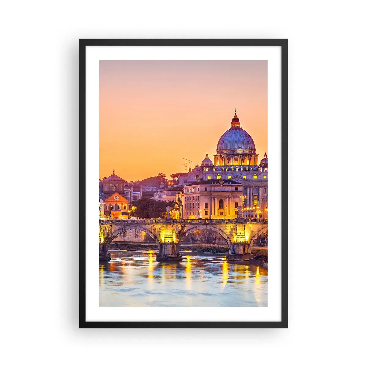 Poster în ramă neagră - Apus de soare peste pod și bazilică cu lumini în Roma - 50x70cm - Amurg deasupra Orașului Etern - Decorațiune modernă pentru perete pentru living și dormitor ARTTOR
