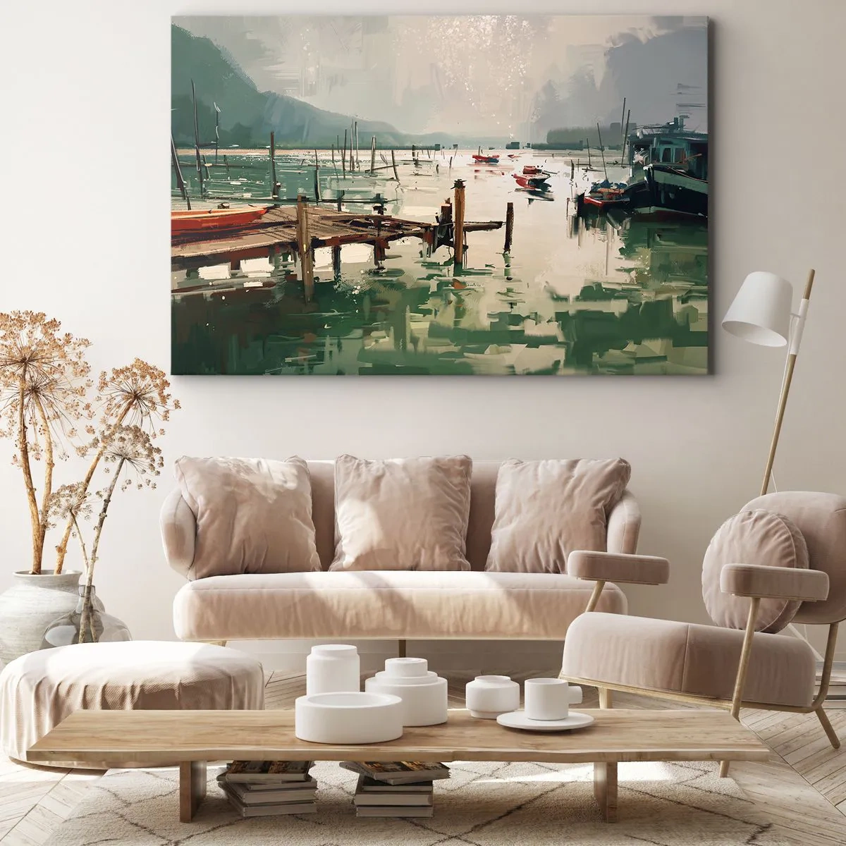 Tablou pe pânză Canvas - Un port pitoresc cu bărci pe ape calme - 70x50cm - Scufundat în luna topită - Decorațiune modernă pentru perete pentru living și dormitor ARTTOR