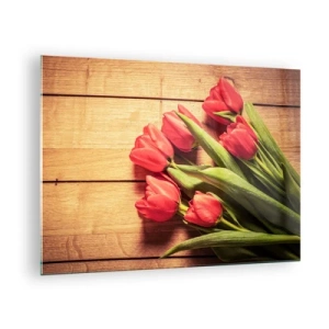 Tablou pe sticlă - Lalele roșii pe o placă de lemn - 70x50cm - Mărturisire de primăvară - Decorațiune modernă pentru perete pentru living și dormitor ARTTOR