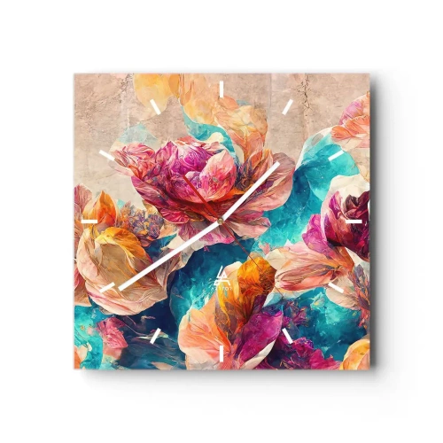 Ceas de perete - Ceas pe sticlă - Splendoarea colorată a buchetului de flori - 40x40 cm