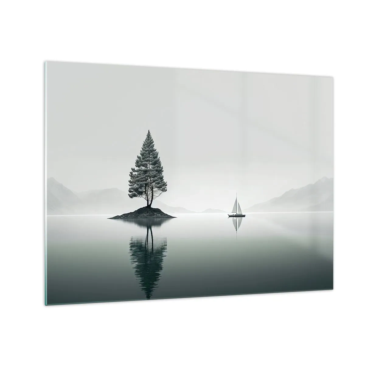 Tablou pe sticlă - Un copac singuratic pe o insulă și o barcă cu pânze pe un lac liniștit - 70x50cm - Visând cu ochii deschiși - Decorațiune modernă pentru perete pentru living și dormitor ARTTOR