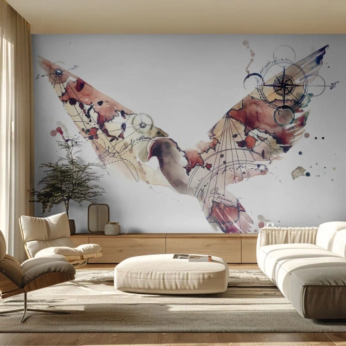 Tapet Standard Eco - Desen artistic al unui vultur în zbor într-un stil de hartă pe un fundal alb - 100x70cm - Vagabondul cu capul în nori - Decorațiune modernă pentru perete pentru living și dormitor ARTTOR