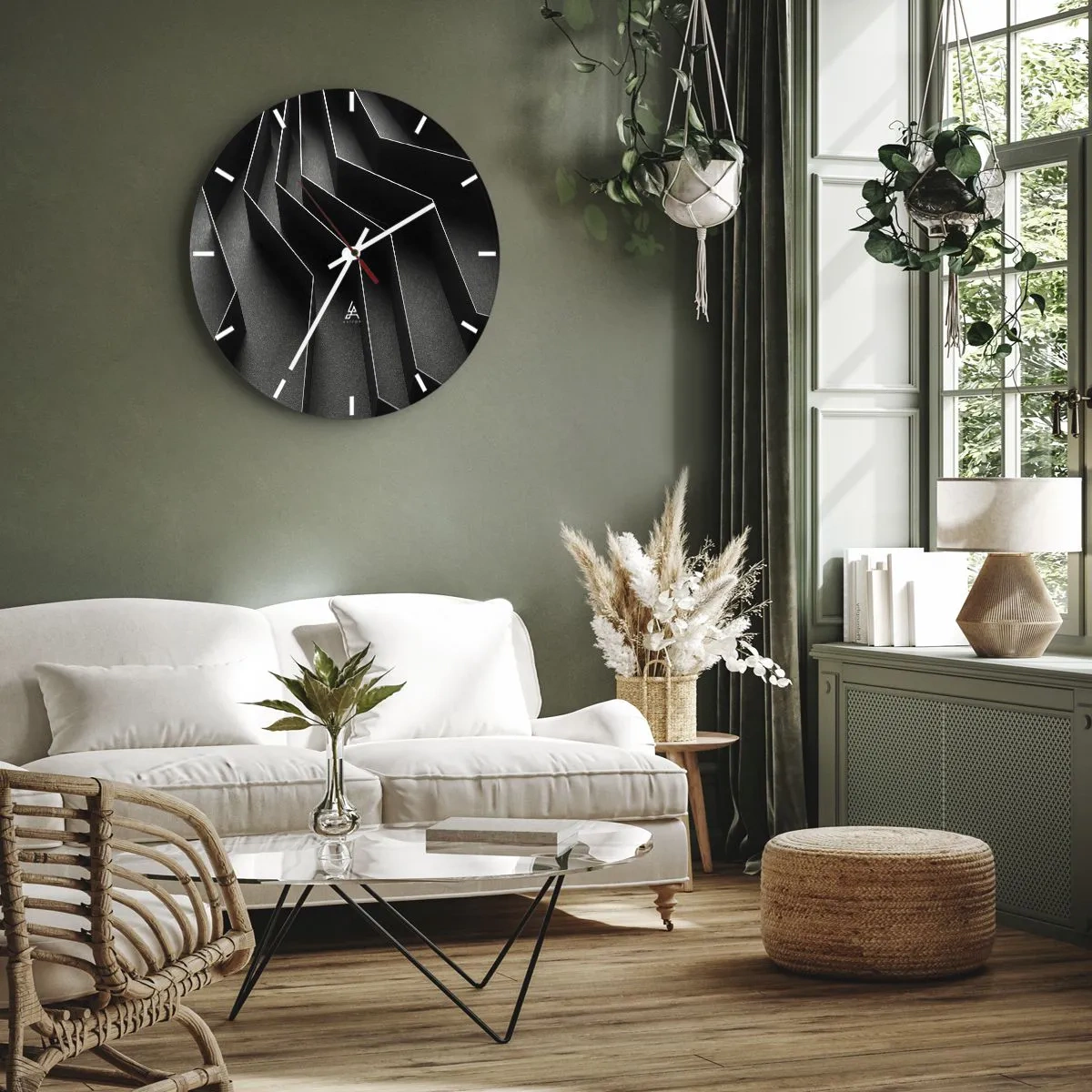 Ceas de perete - Ceas pe sticlă - Structură alb-negru cu efect de lumină spațială - 30x30cm - Ordinea spațială - Decorațiune modernă pentru perete pentru living, bucătărie și dormitor ARTTOR