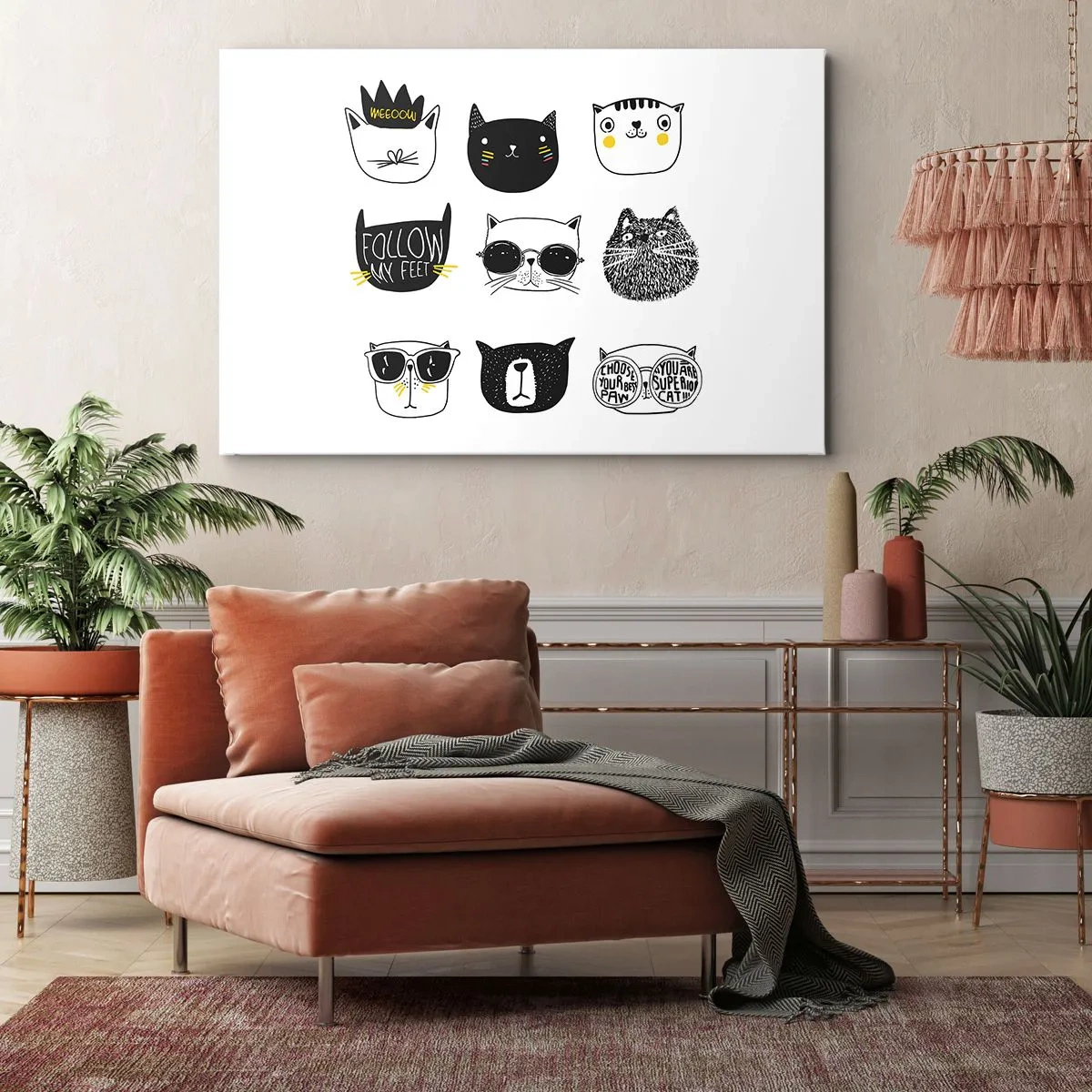 Tablou pe pânză Canvas - Ilustrații elegante de pisici într-un stil minimalist - 70x50cm - Fiecare este diferit - Decorațiune modernă pentru perete pentru living și dormitor ARTTOR