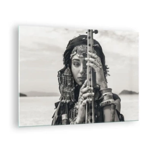 Tablou pe sticlă - Femeie în bijuterii orientale cu un instrument - 70x50cm - Muzica orientală în sine - Decorațiune modernă pentru perete pentru living și dormitor ARTTOR