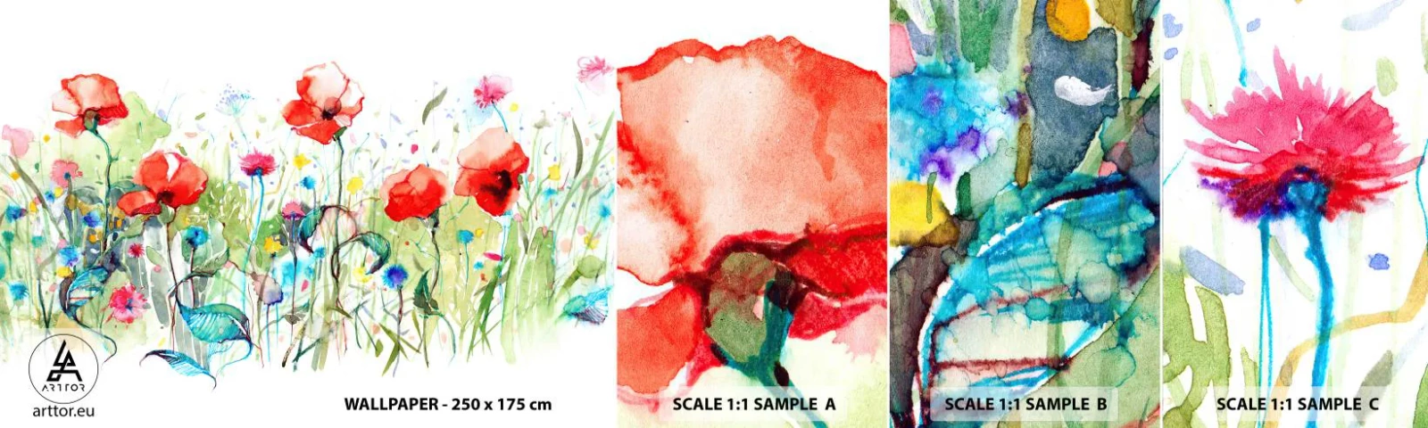 Mostră de Tapet Standard Eco - O pajiște înflorită în luna mai - Flori, macii, Grădină - 100x30 cm