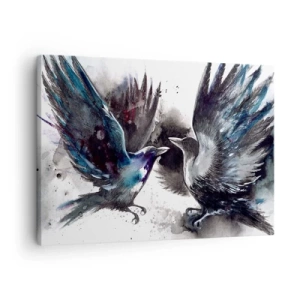 Tablou pe pânză Canvas - Corbi artistici într-o compoziție dinamică în acuarelă - 70x50cm - Bătălia corbilor - Decorațiune modernă pentru perete pentru living și dormitor ARTTOR