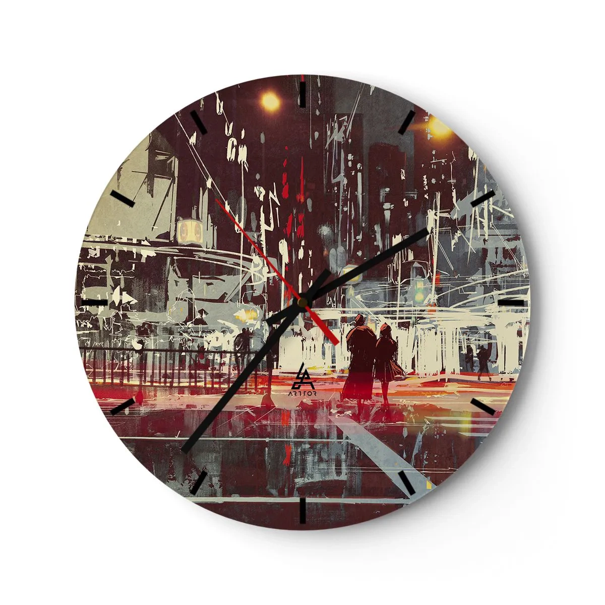 Ceas de perete - Ceas pe sticlă - Un cuplu noaptea, cu un oraș puternic luminat în fundal - 30x30cm - O trecere metropolitană - Decorațiune modernă pentru perete pentru living, bucătărie și dormitor ARTTOR
