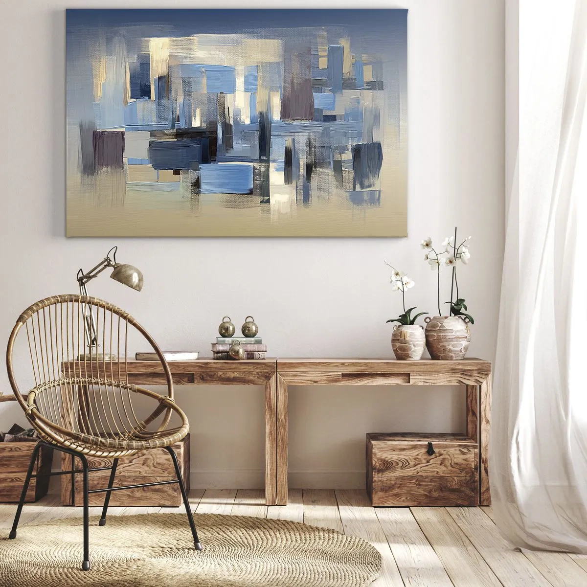 Tablou pe pânză Canvas - Forme geometrice în nuanțe de albastru și bej - 70x50cm - Construcție albastră - Decorațiune modernă pentru perete pentru living și dormitor ARTTOR
