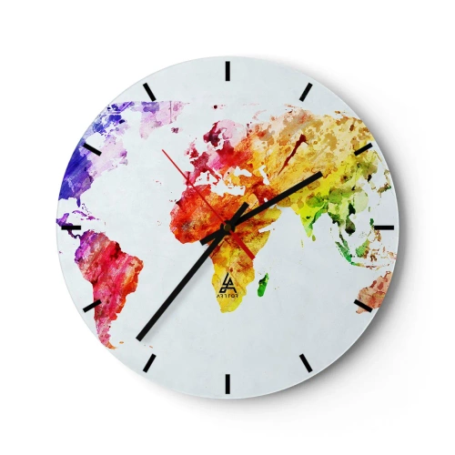 Ceas de perete - Ceas pe sticlă - Hartă a lumii în acuarelă în culori vii - 30x30cm - Toate culorile lumii - Decorațiune modernă pentru perete pentru living, bucătărie și dormitor ARTTOR