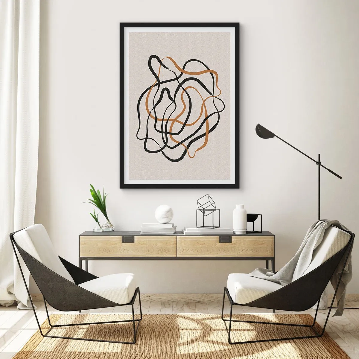 Poster în ramă neagră - Linii abstracte încâlcite în negru și auriu pe bej - 50x70cm - Totul s-a încurcat - Decorațiune modernă pentru perete pentru living și dormitor ARTTOR