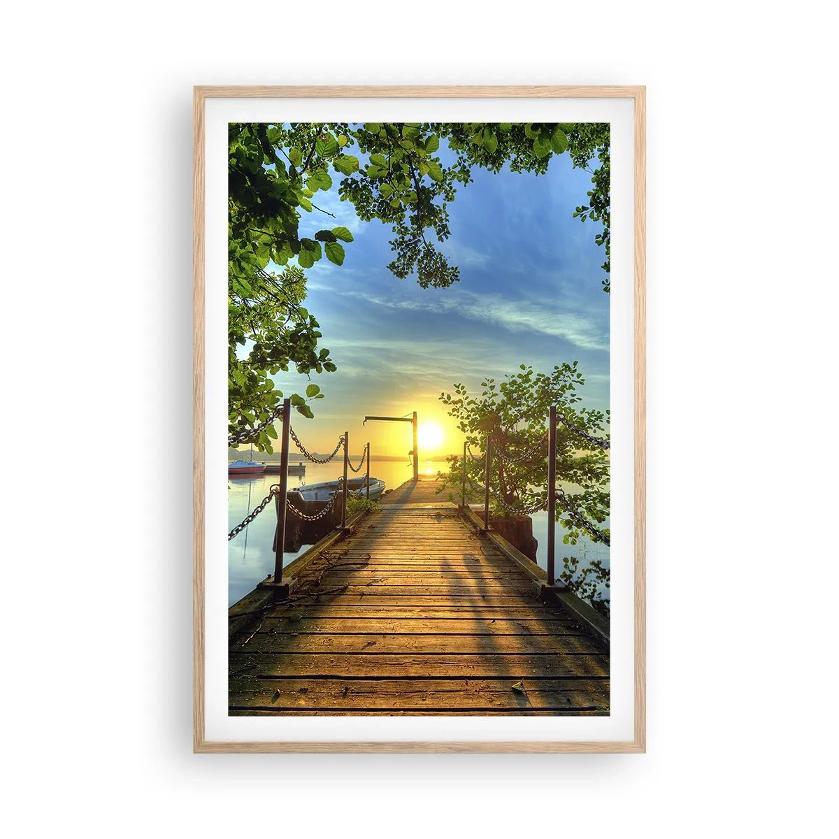 Poster în ramă de stejar deschis - Apusul la malul apei - 61x91 cm