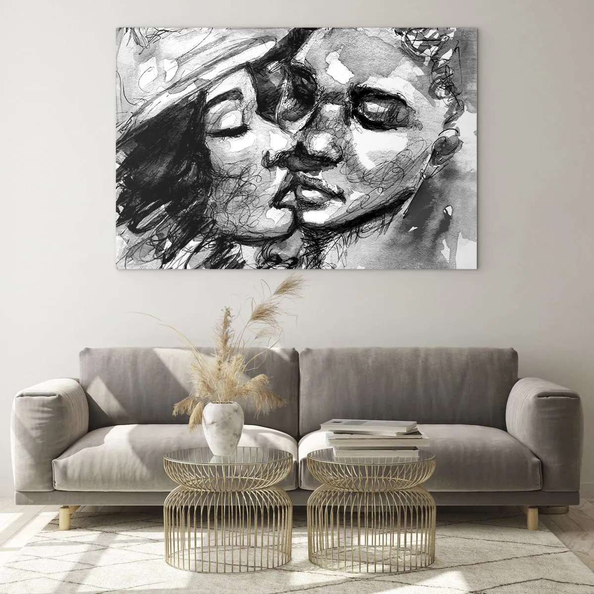 Tablou pe sticlă - Schiță alb-negru a unui sărut tandru - 70x50cm - Un moment de tandrețe - Decorațiune modernă pentru perete pentru living și dormitor ARTTOR