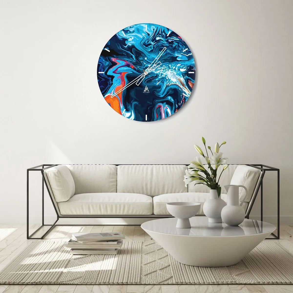 Ceas de perete - Ceas pe sticlă - Un motiv abstract dinamic în nuanțe de albastru - 30x30cm - Călătorie spre centrul cerului - Decorațiune modernă pentru perete pentru living, bucătărie și dormitor ARTTOR