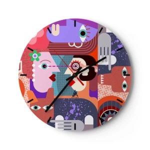 Ceas de perete - Ceas pe sticlă - Abstracție colorată cu un motiv facial în stil cubist - 30x30cm - Ochi în ochi - Decorațiune modernă pentru perete pentru living, bucătărie și dormitor ARTTOR