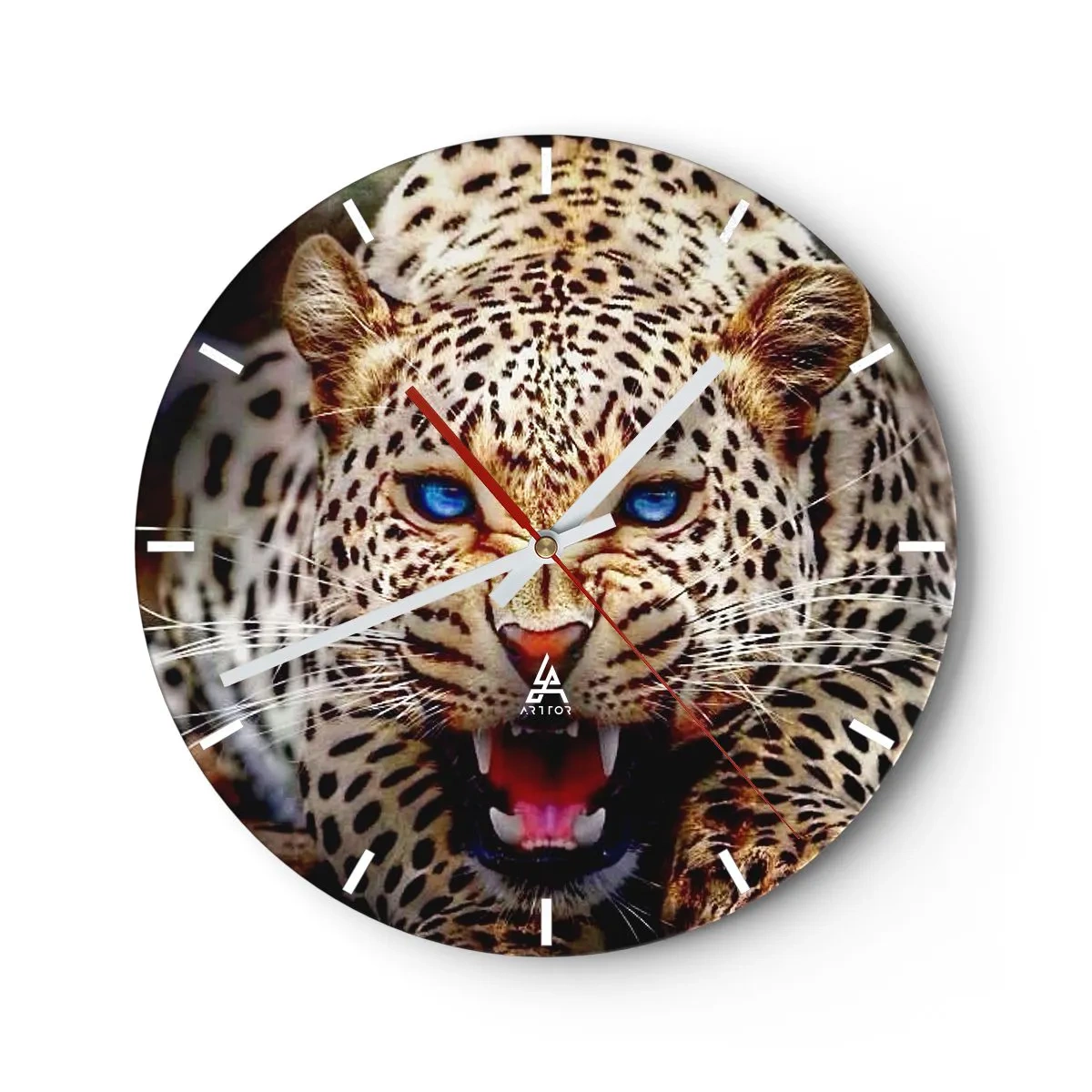 Ceas de perete - Ceas pe sticlă - Un leopard amenințător cu ochi albaștri pe fundalul naturii - 30x30cm - Furie pură - Decorațiune modernă pentru perete pentru living, bucătărie și dormitor ARTTOR
