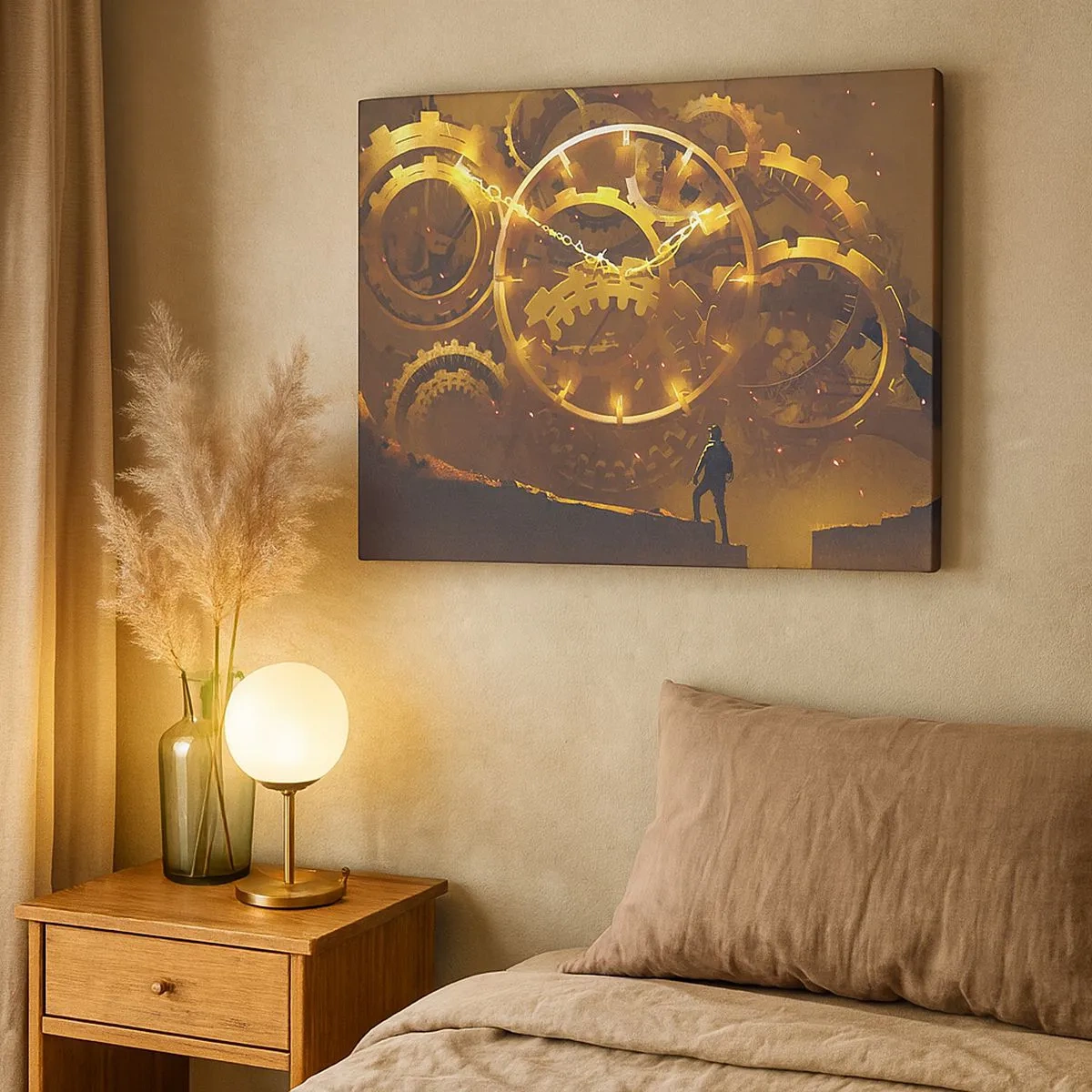 Tablou pe pânză Canvas - Angrenaje aurii într-un decor suprarealist cu o figură - 70x50cm - La sursa timpului - Decorațiune modernă pentru perete pentru living și dormitor ARTTOR