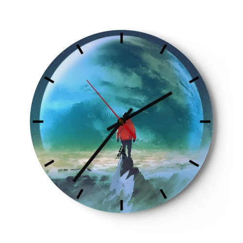 Ceas de perete - Ceas pe sticlă - O figură pe vârful unui munte cu vedere la o planetă verde - 30x30cm - Descoperitorul unui nou ținut - Decorațiune modernă pentru perete pentru living, bucătărie și dormitor ARTTOR
