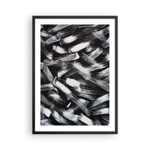 Poster în ramă neagră - Tușe albe abstracte de pensulă pe fundal negru - 50x70cm - Abstracție în spirit industrial - Decorațiune modernă pentru perete pentru living și dormitor ARTTOR