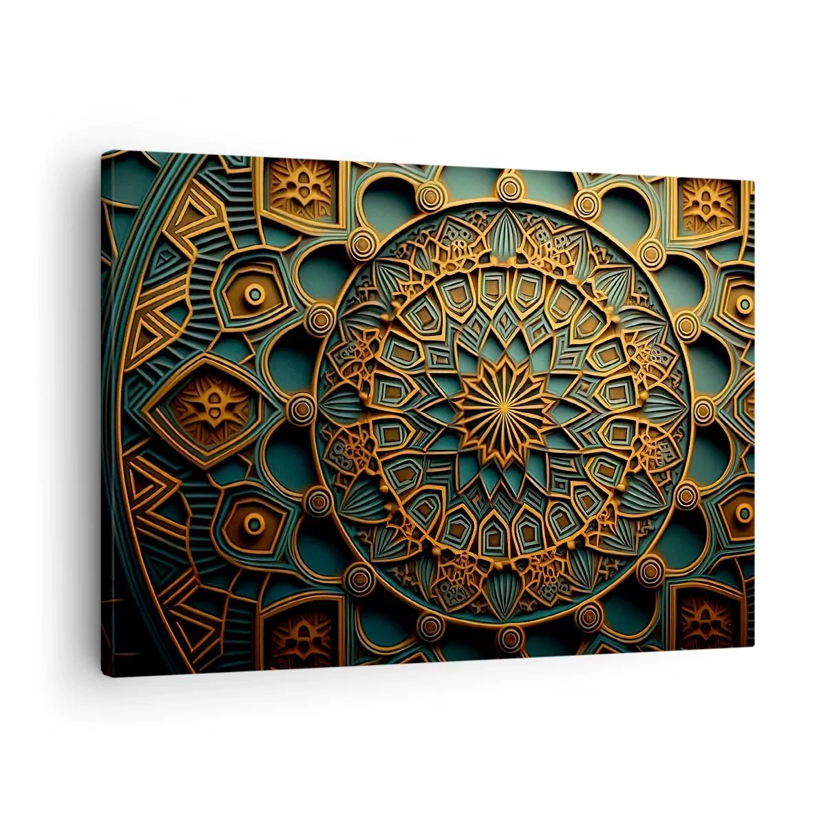 Tablou pe pânză Canvas - O mandală aurie pe un fundal turcoaz cu detalii bogate. - 70x50cm - În stil arabic - Decorațiune modernă pentru perete pentru living și dormitor ARTTOR