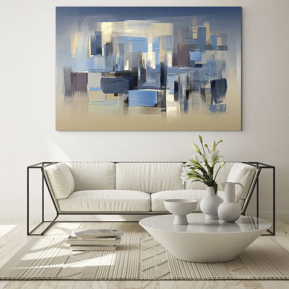 Tablou pe sticlă - Pensule geometrice în nuanțe de albastru și bej - 70x50cm - Construcție albastră - Decorațiune modernă pentru perete pentru living și dormitor ARTTOR