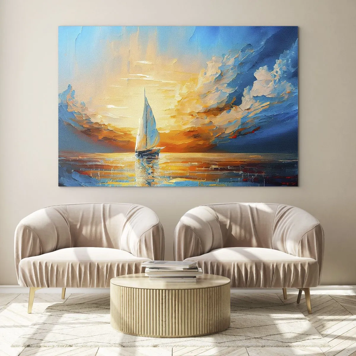 Tablou pe sticlă - O barcă cu pânze pe mare în lumina soarelui care apune - 70x50cm - Navigare prin aur - Decorațiune modernă pentru perete pentru living și dormitor ARTTOR