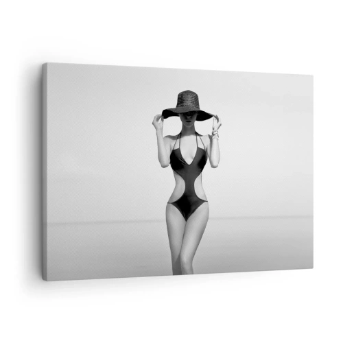 Tablou pe pânză Canvas - Siluetă alb-negru a unei femei cu pălărie pe fundalul mării - 70x50cm - Numele meu este: Eleganța - Decorațiune modernă pentru perete pentru living și dormitor ARTTOR