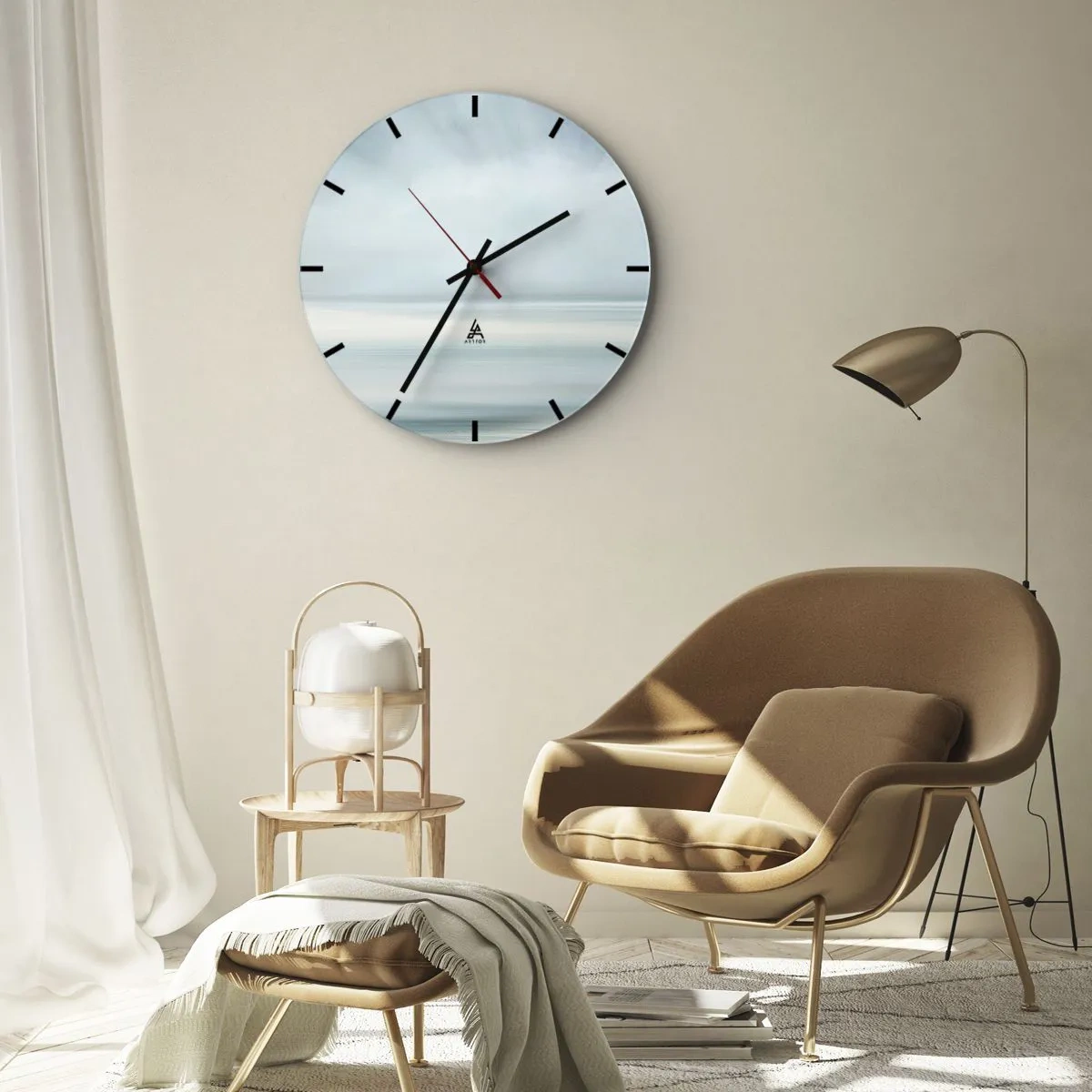 Ceas de perete - Ceas pe sticlă - Orizont încețoșat în nuanțe de albastru și gri - 30x30cm - Liniște până la orizont - Decorațiune modernă pentru perete pentru living, bucătărie și dormitor ARTTOR
