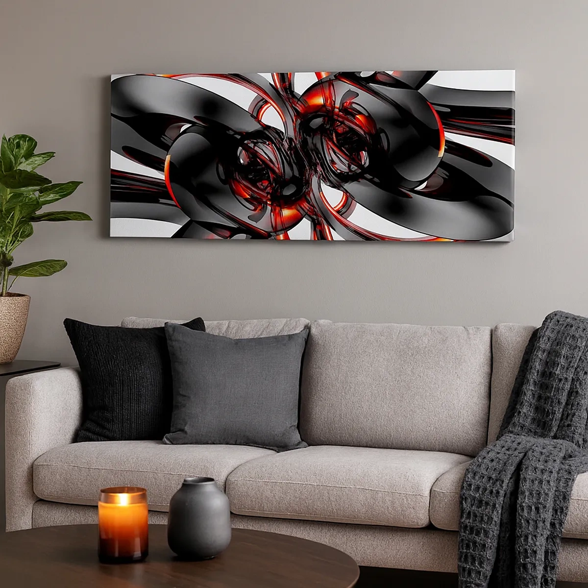 Tablou pe pânză - Mișcare în grafit și roșu - 30x30 cm