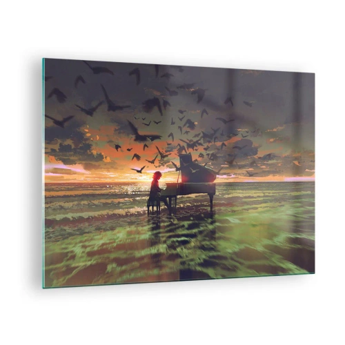 Tablou pe sticlă - Pianist cântând la pian pe plajă la apus - 70x50cm - Concert pentru pian și valuri - Decorațiune modernă pentru perete pentru living și dormitor ARTTOR